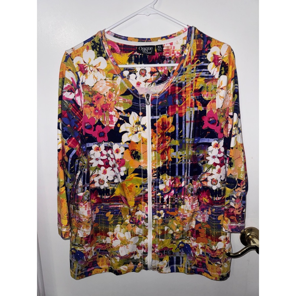 Onque Casual Womens XL Floral Plaid Zip‎ Front 3/4 Sleeve Top Multi Color V-Neck